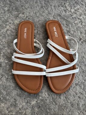 Nine West White Multi-Strap Slide Sandals with Brown Footbed